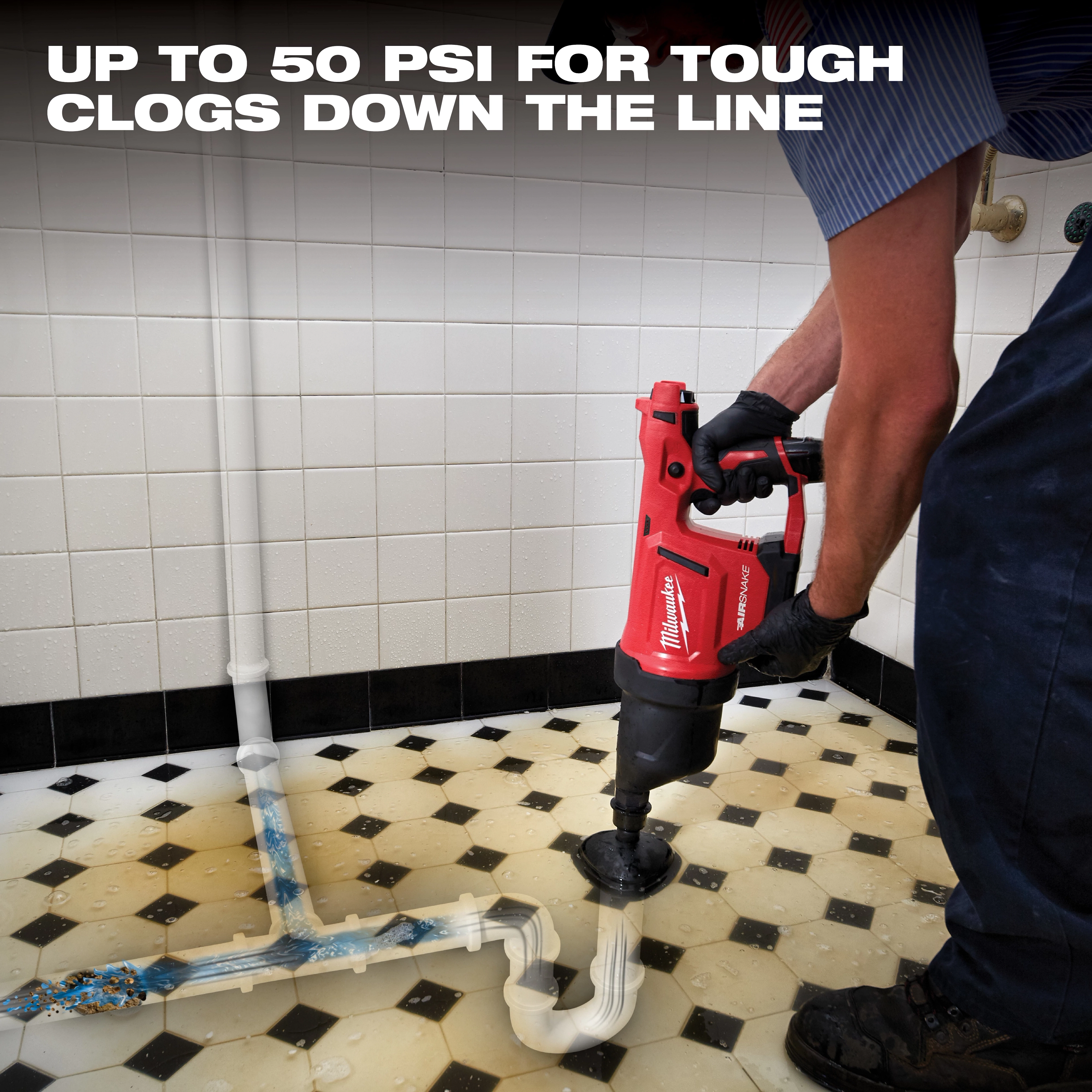 A person uses the Milwaukee Airsnake Drain Cleaning Machine on a clogged bathroom sink pipe. The machine claims to provide up to 50 PSI pressure to clear tough clogs down the line. The image illustrates its effectiveness in clearing buildup within pipes.
