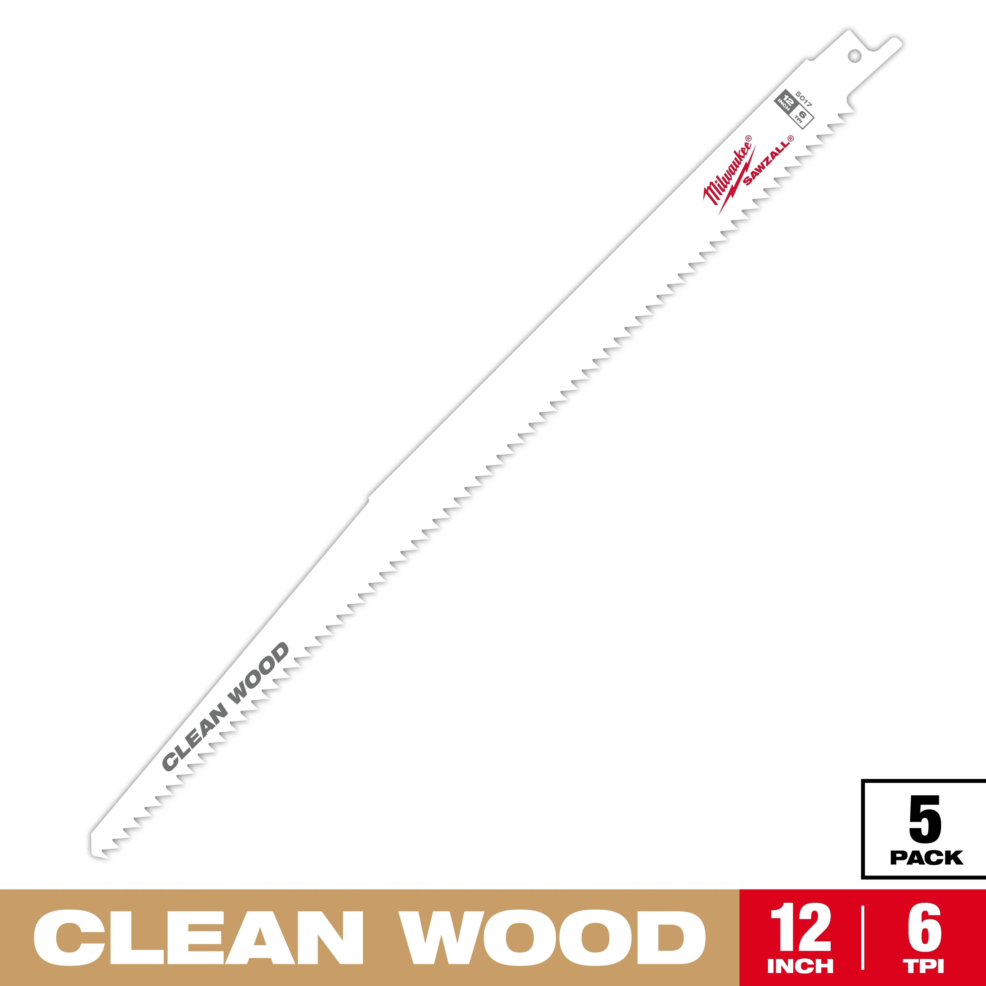 12" 6 TPI Fleam Ground SAWZALL Blade for Clean Wood, 5 pack, features a white blade with red and black text.