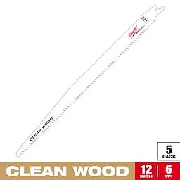 12" 6 TPI Fleam Ground SAWZALL Blade for Clean Wood, 5 pack, features a white blade with red and black text.