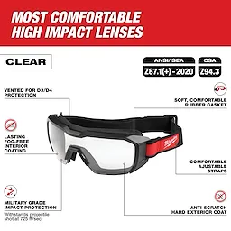 Vented Low-Profile Goggles - Clear Dual Coat Lens features fog-free interior coating, military-grade impact protection, and adjustable straps.
