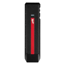 Milwaukee Rechargeable Flat Flashlight with Green Laser, featuring a sleek black design with a red accent strip and laser guide.