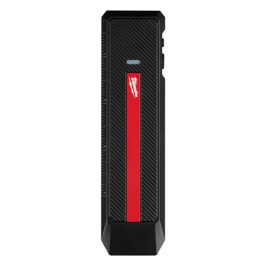 Milwaukee Rechargeable Flat Flashlight with Green Laser, featuring a sleek black design with a red accent strip and laser guide.