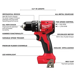 The M18 4-Tool Combo Kit features a red and black cordless drill. It has mechanical design enhancements, an all-metal gearcase, two-speed control, brushless motor, hammer functionality, all-new chuck, LED work light, variable speed trigger, premium rubber overmold, Redlink intelligence, and a belt clip.