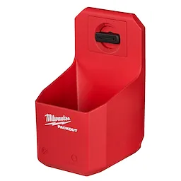 Red PACKOUT Organizer Cup featuring a wall-mounting bracket and the Milwaukee logo, designed for storing small tools and accessories.