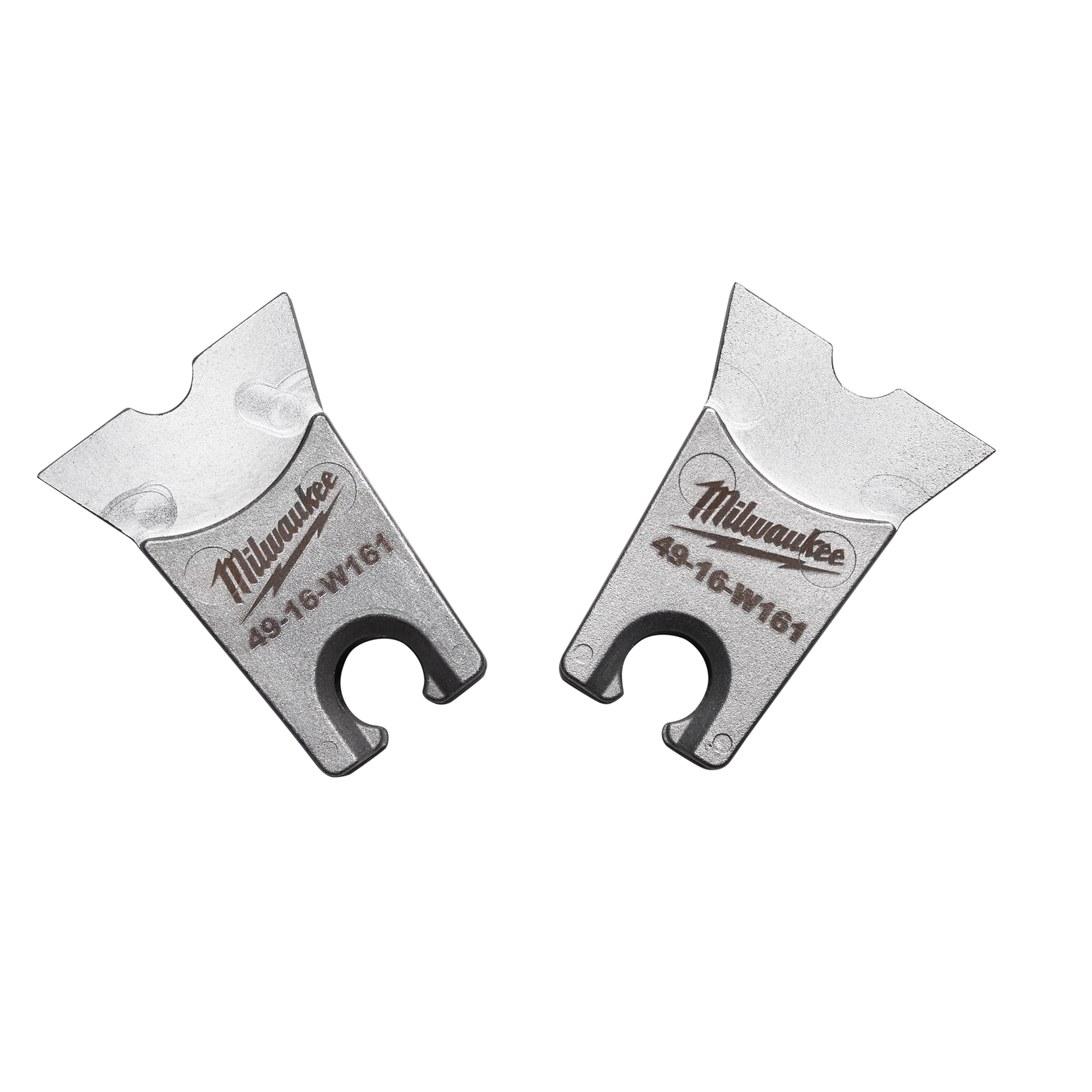 Two silver W%20Style%3A%20W-161%20Die cutting tools with a Milwaukee logo engraved on each one.