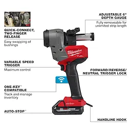 The M18 FUEL™ Covered Conductor Cable Stripper Kit w/ Adjustable Bushings features a variable speed trigger, quick-connect release, adjustable depth gauge, and One-Key™ compatibility. It includes a forward/reverse/neutral trigger lock, handline hook, and auto-stop™ for enhanced control and precision.