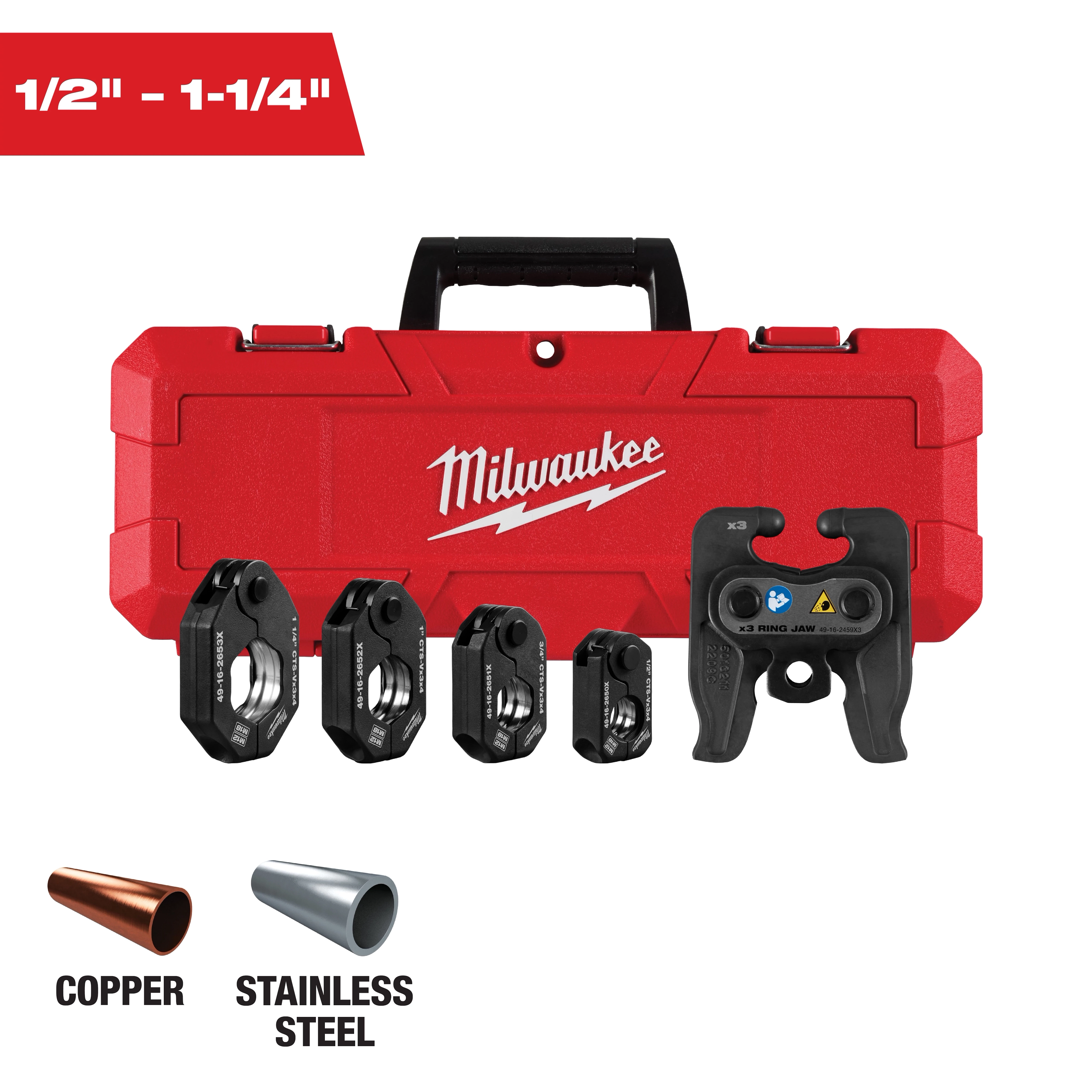The image shows a red Milwaukee tool case with a handle and five press jaws lined in front of it, ranging from 1/2" to 1-1/4". Below the jaws, copper and stainless steel pipe diagrams are depicted, indicating material compatibility.