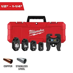 The image shows a red Milwaukee tool case with a handle and five press jaws lined in front of it, ranging from 1/2" to 1-1/4". Below the jaws, copper and stainless steel pipe diagrams are depicted, indicating material compatibility.