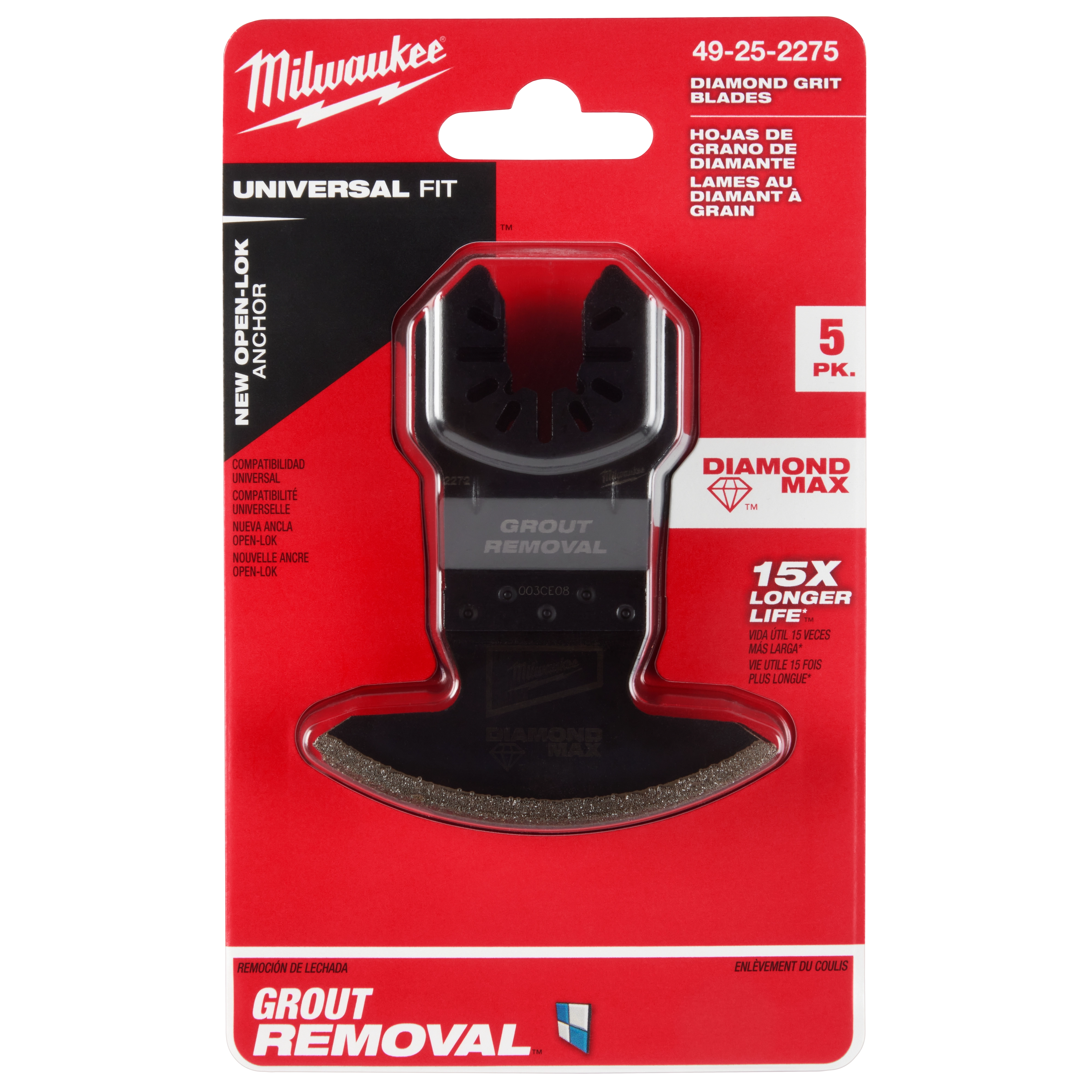 Milwaukee Open-Lok Diamond Max Diamond Grit Grout Removal Multi-Tool Blade 5-pack in red and black packaging.