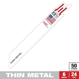 The image shows a 6-inch Sawzall Bi-Metal Carbide blade designed for cutting thin metal. It has 24 teeth per inch (TPI) and is part of a 50-pack set. The blade is white with red and gray details, featuring the American flag and "Made in USA" label.