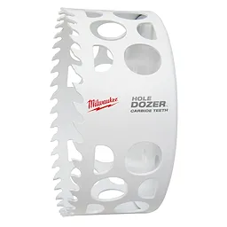 Range of Carbide Dozer hole saw with white body, carbide teeth, and multiple circular cutouts in sizes 4" to 4-5/8".