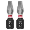 Image of two SHOCKWAVE™ 1" Impact Duty Square Recess #2 Insert Bits (2 PK) with "Milwaukee" branding and "SQ 2" inscription. These durable bits are designed for heavy-duty impact applications.