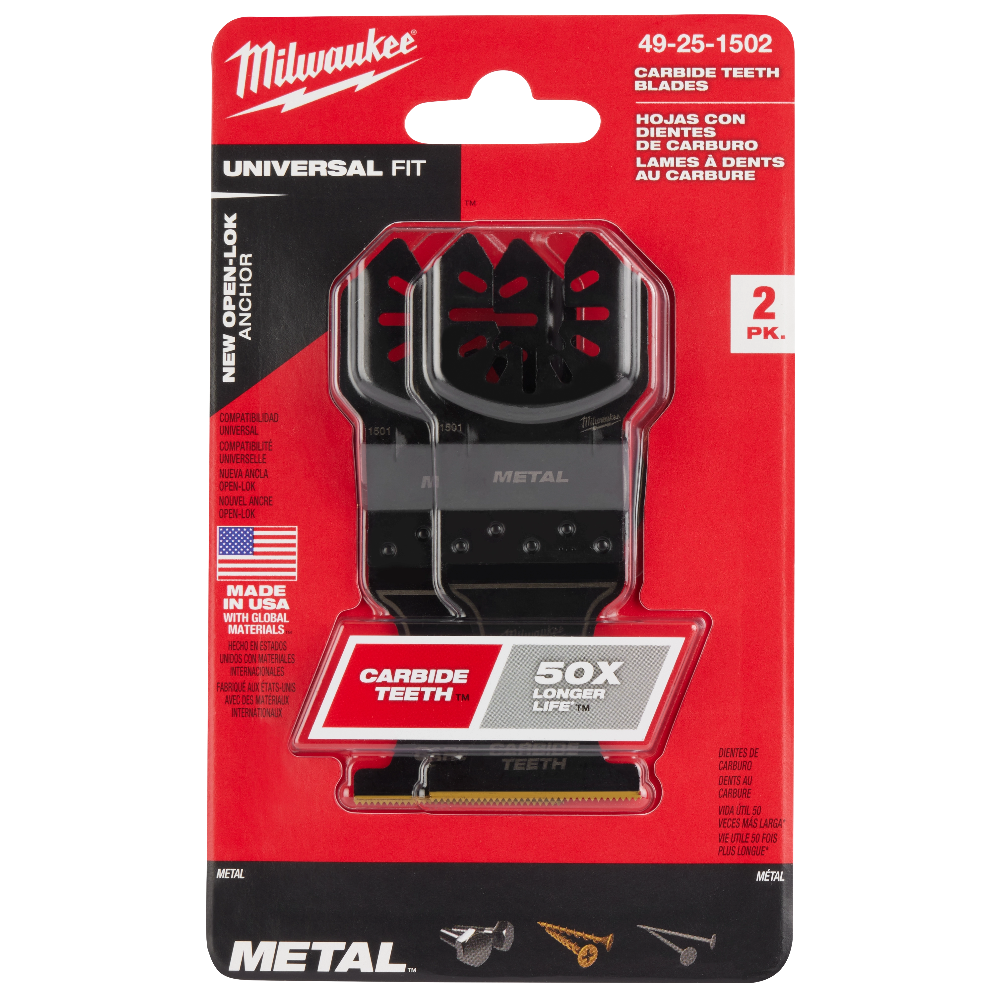 Milwaukee Open-Lok 1-3/8" Carbide Teeth Metal Multi-Tool Blade 2PK features two black blades in a red packaging.