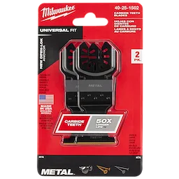 Milwaukee Open-Lok 1-3/8" Carbide Teeth Metal Multi-Tool Blade 2PK features two black blades in a red packaging.