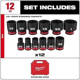 Milwaukee 12-piece 3/8" drive standard socket set includes sizes: 5/16, 3/8, 7/16, 1/2, 9/16, 5/8, 11/16, 3/4, 13/16, 7/8, 15/16, and 1 inch. A red Milwaukee carrying case is also included.