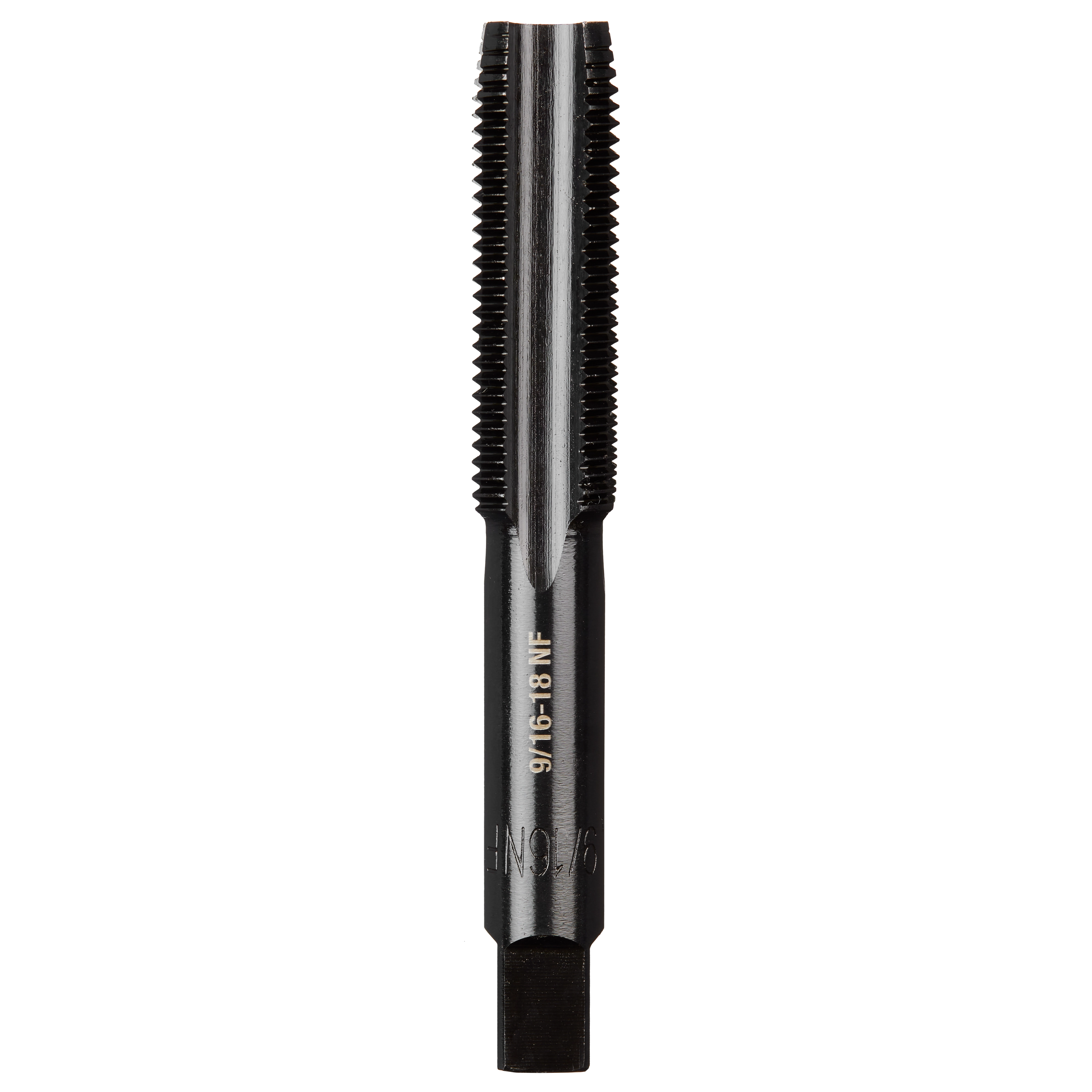 9/16"-18 NF Straight Flute Plug Tap with black finish, featuring straight flutes for cutting and forming threads in metal.