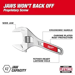 6" Wide Jaw Adjustable Wrench with labeled wide jaw, ergonomic handle, chrome plating, and tether-ready lanyard hole.