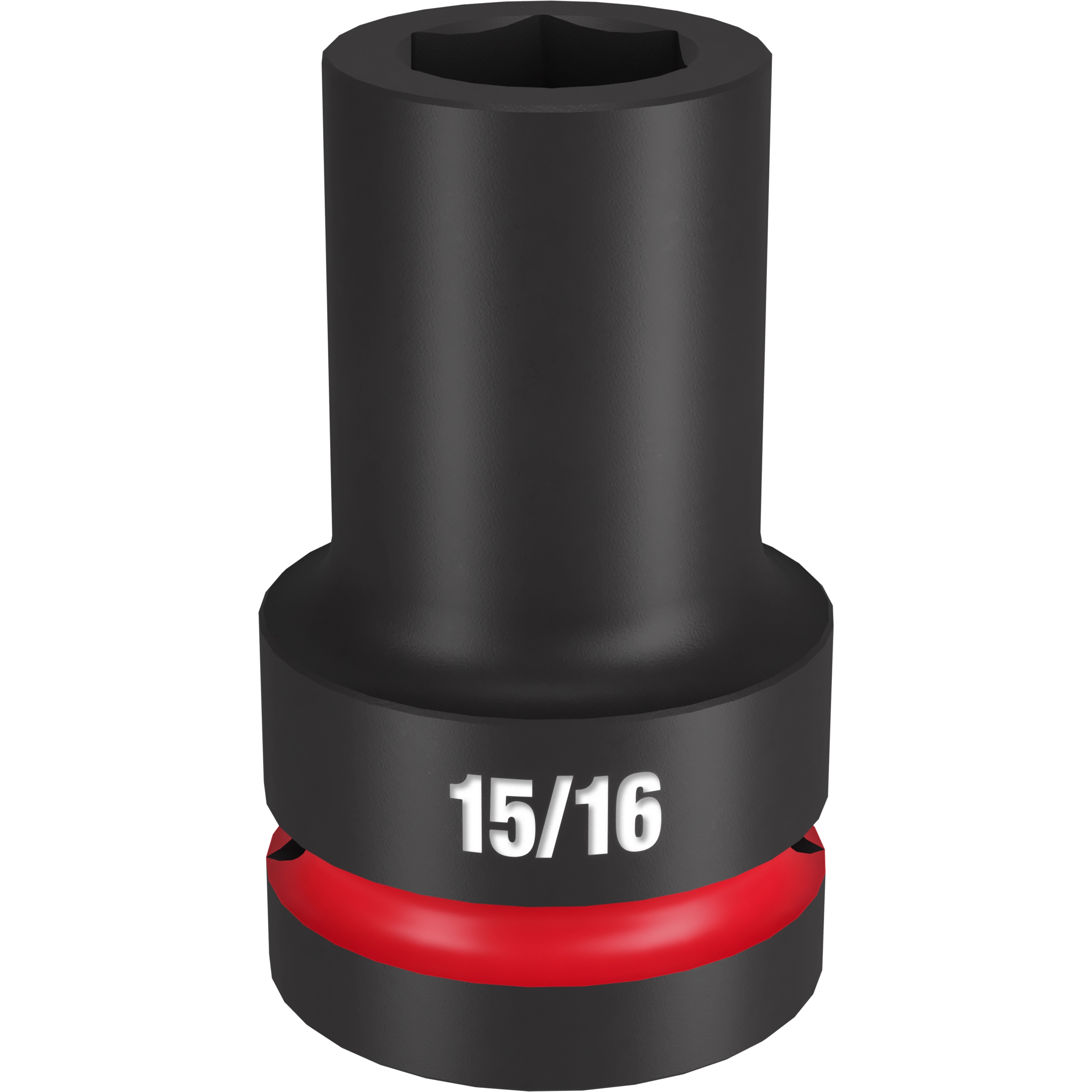 The 1" DR 15/16 Deep Impact Socket is a black, heavy-duty socket with a red ring at the base and a white "15/16" marking. It is designed for deep socket applications and impact tools.