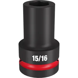 The 1" DR 15/16 Deep Impact Socket is a black, heavy-duty socket with a red ring at the base and a white "15/16" marking. It is designed for deep socket applications and impact tools.