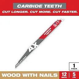 AX Carbide Teeth Saw Blade is designed for cutting wood with nails. It is 12 inches long with 5 teeth per inch. The blade is part of a single pack, promoting longer, faster, and more efficient cutting.