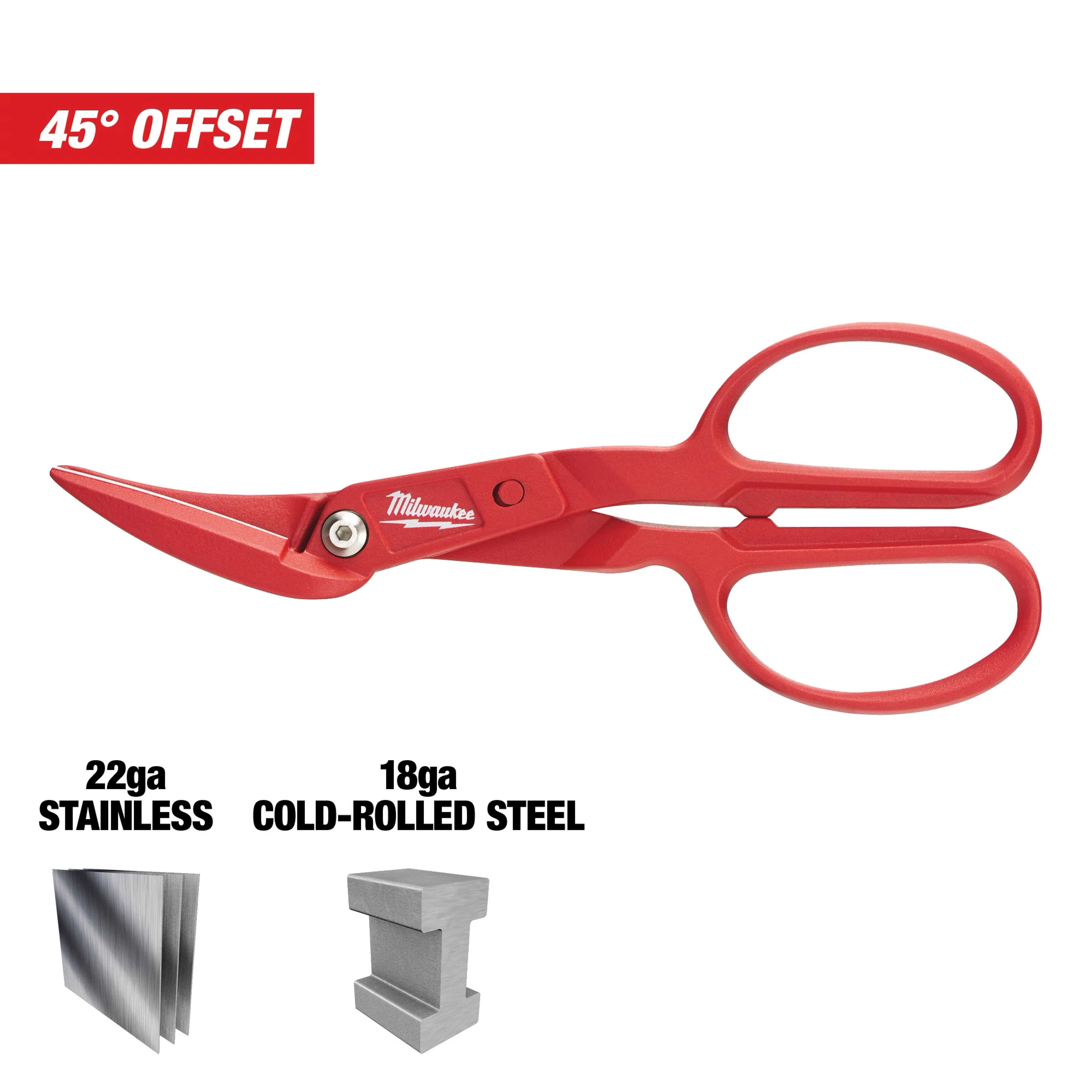 Milwaukee 45° Offset Scissors with red handles designed for cutting 22-gauge stainless steel and 18-gauge cold-rolled steel.