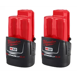 Two Milwaukee M12 REDLITHIUM CP2.0 batteries with black bases and red tops. They are shown side by side against a white background.