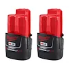Two Milwaukee M12 REDLITHIUM CP2.0 batteries with black bases and red tops. They are shown side by side against a white background.