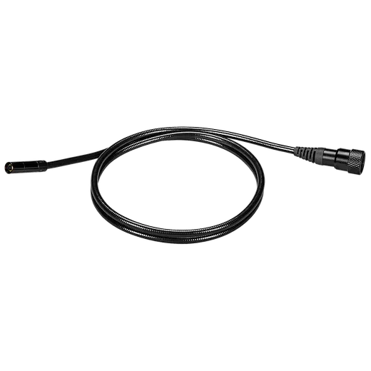 A coiled black 10mm 4' Borescope Camera Cable for M12™ Wireless Monitor with connectors at both ends, one side being a camera lens.