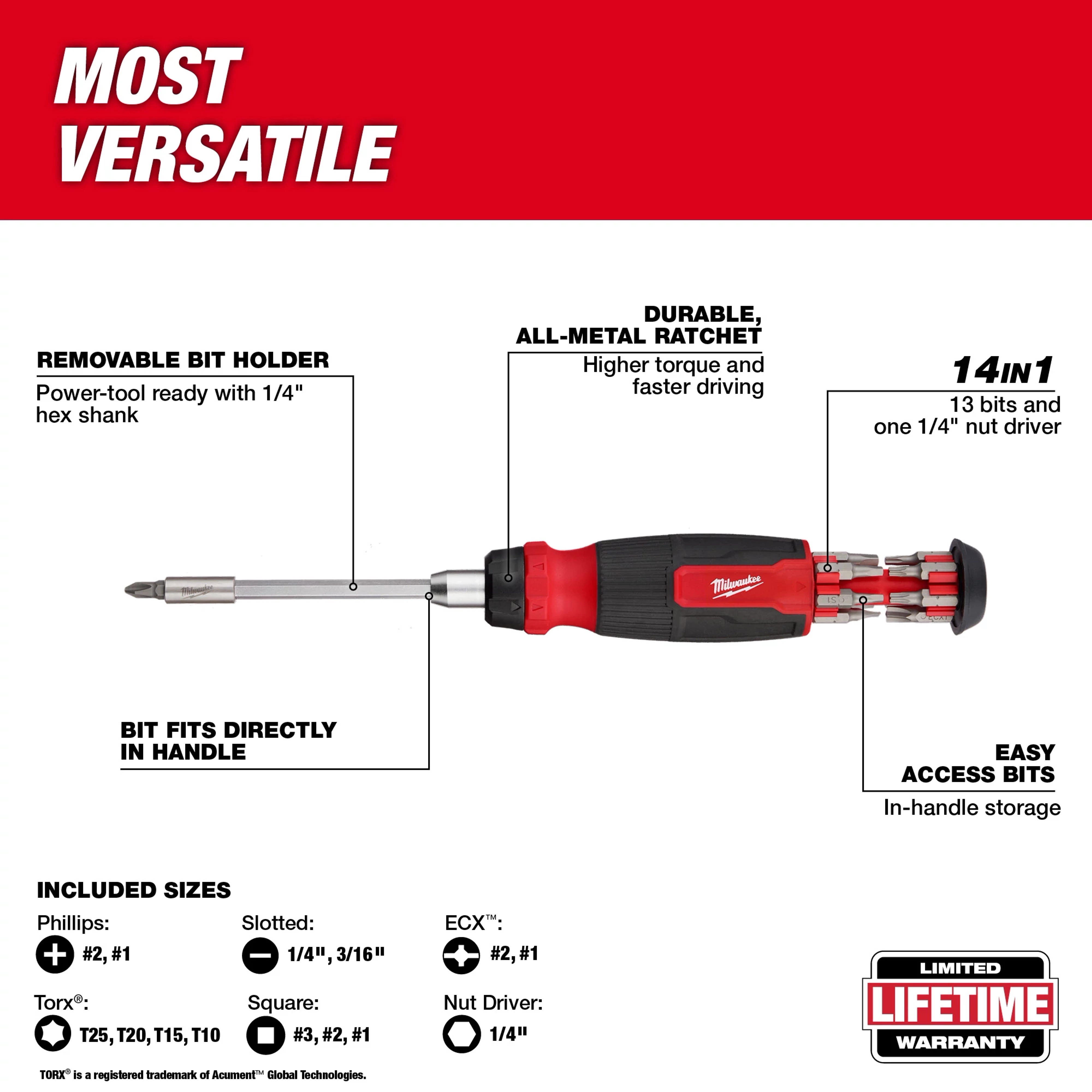 14-in-1 Ratcheting Multi-Bit Screwdriver with 13 bits, 1/4" nut driver, removable bit holder, durable all-metal ratchet, and in-handle storage.