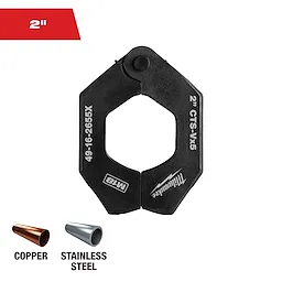 The image shows a 2-inch Milwaukee compression sleeve (CTS-VX5) fitting tool for crimping copper and stainless steel pipes. The tool is black, hexagonal, and labeled with product information. Copper and stainless steel pipe examples are shown below the tool.