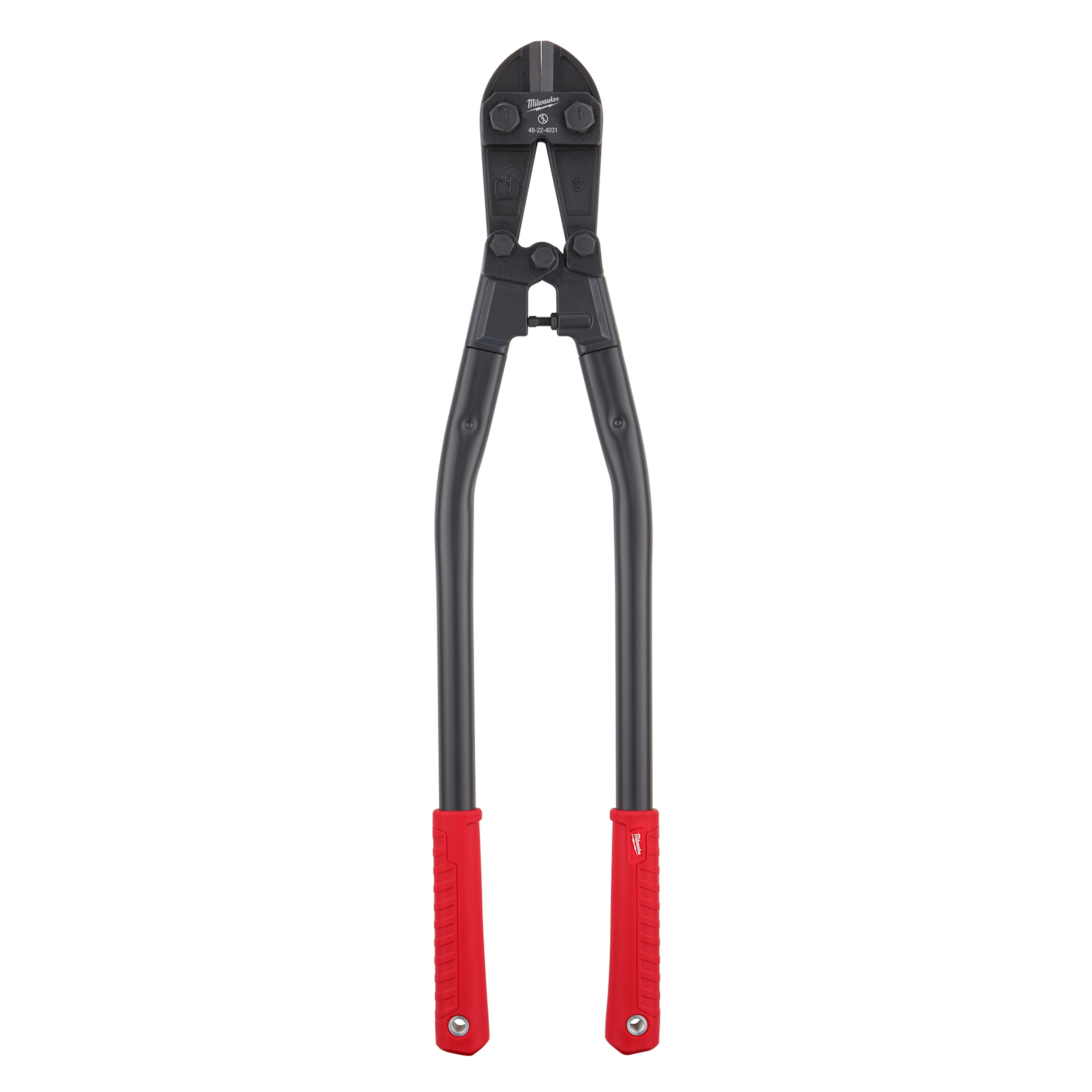 The 30" Bolt Cutter features black steel jaws designed for cutting through tough materials. It has long, black handles with red, textured grips for enhanced control and comfort.