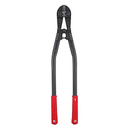 The 30" Bolt Cutter features black steel jaws designed for cutting through tough materials. It has long, black handles with red, textured grips for enhanced control and comfort.