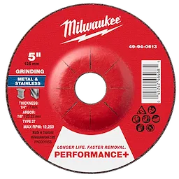 5" x 1/4" x 7/8" Performance+ Metal Grinding Wheel - Type 27. Red disc designed for grinding metal and stainless steel, with specifications printed.