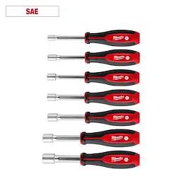 The image shows a 7-piece SAE HollowCore Nut Driver Set with red and black handles arranged vertically by size.