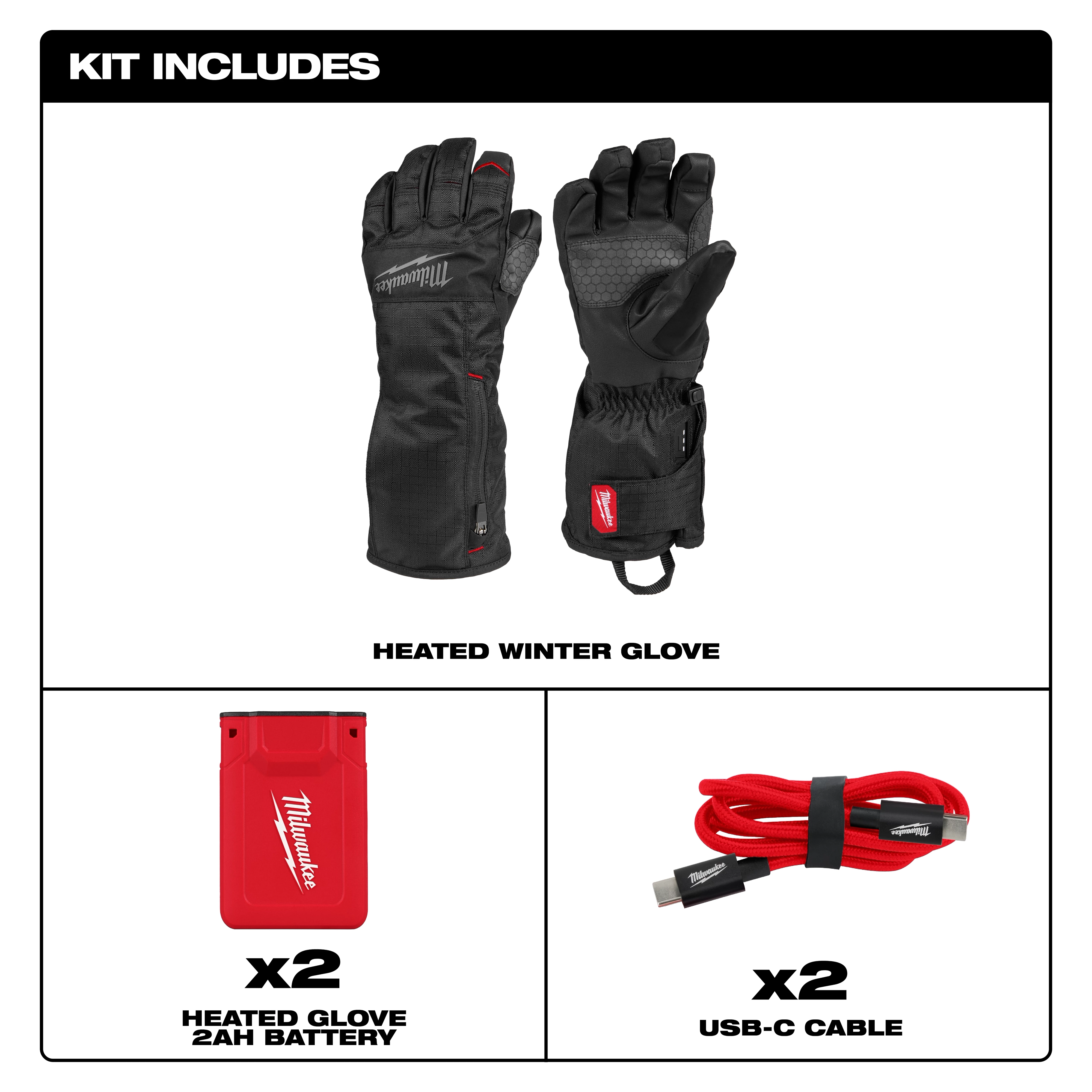 Heated Winter Gloves kit includes one pair of black heated gloves, two red 2AH batteries, and two red USB-C cables. Gloves are shown with the Milwaukee logo, extended cuffs, and grip-enhancing design.