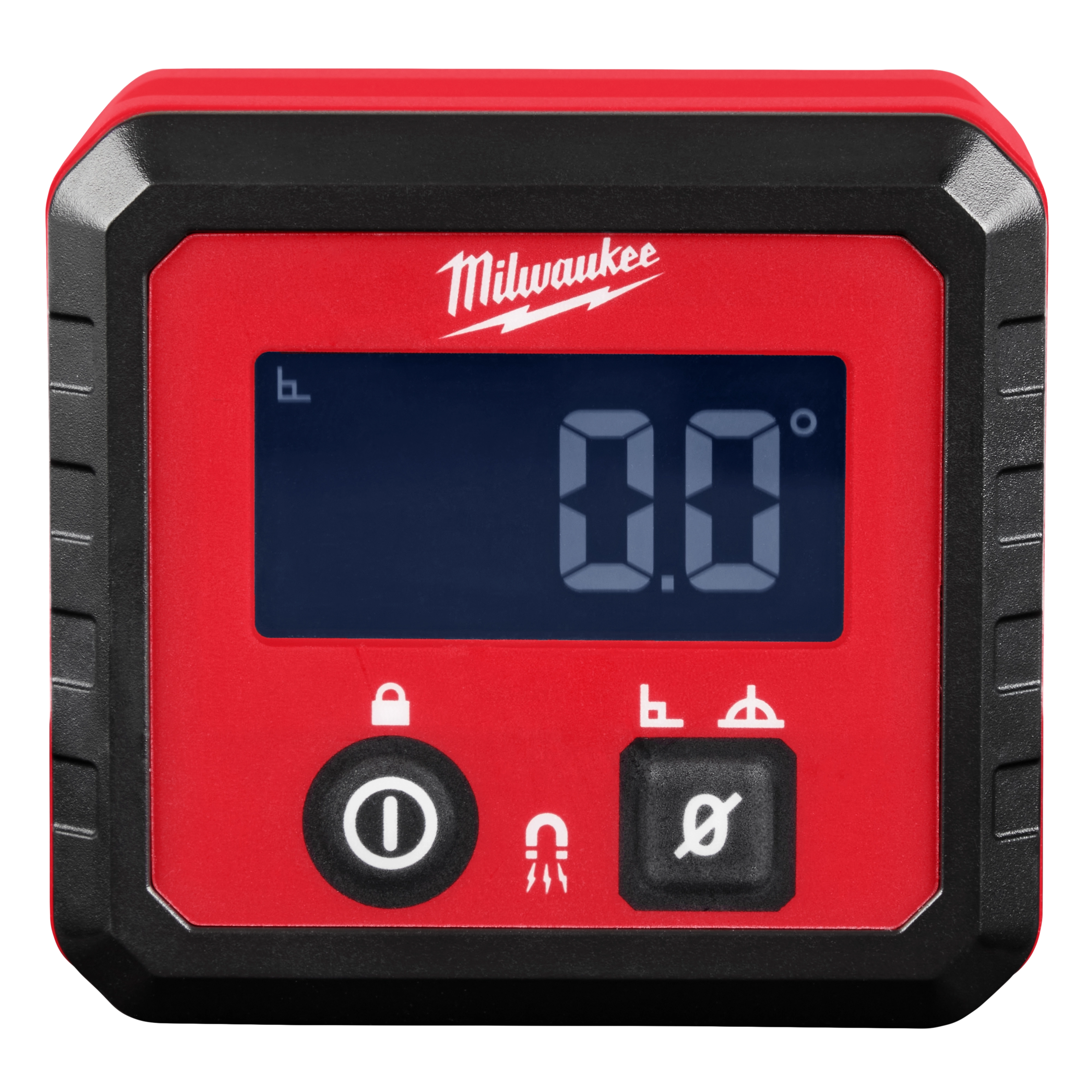 The Milwaukee Digital Angle Gauge features a red and black casing, a digital display reading 0 degrees, and function buttons.