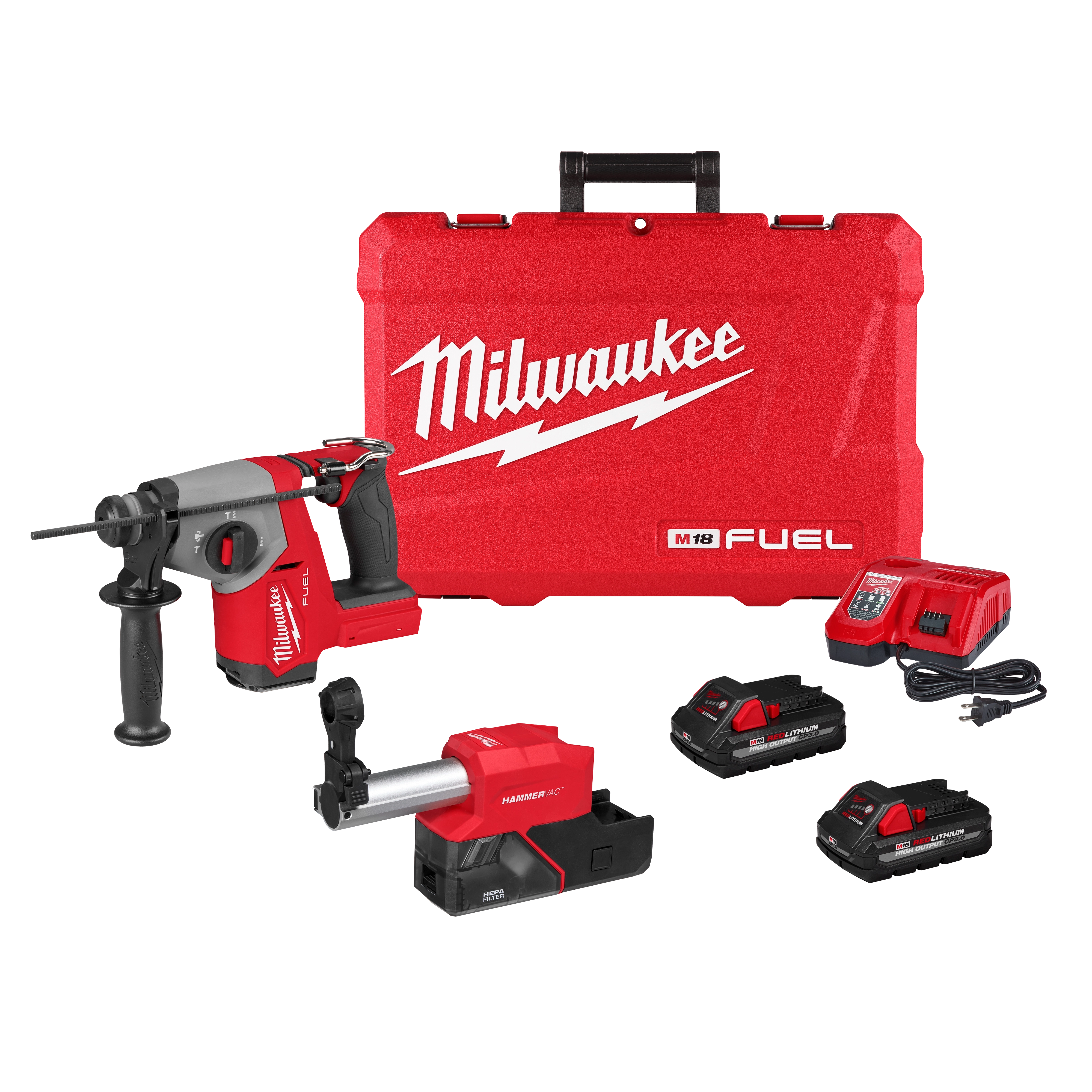 A Milwaukee M18 FUEL cordless power tool set. The set includes a rotary hammer, two batteries, a charger, a red carrying case with "Milwaukee" branding, and other accessories. All items are displayed against a white background.