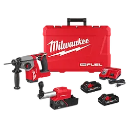 A Milwaukee M18 FUEL cordless power tool set. The set includes a rotary hammer, two batteries, a charger, a red carrying case with "Milwaukee" branding, and other accessories. All items are displayed against a white background.