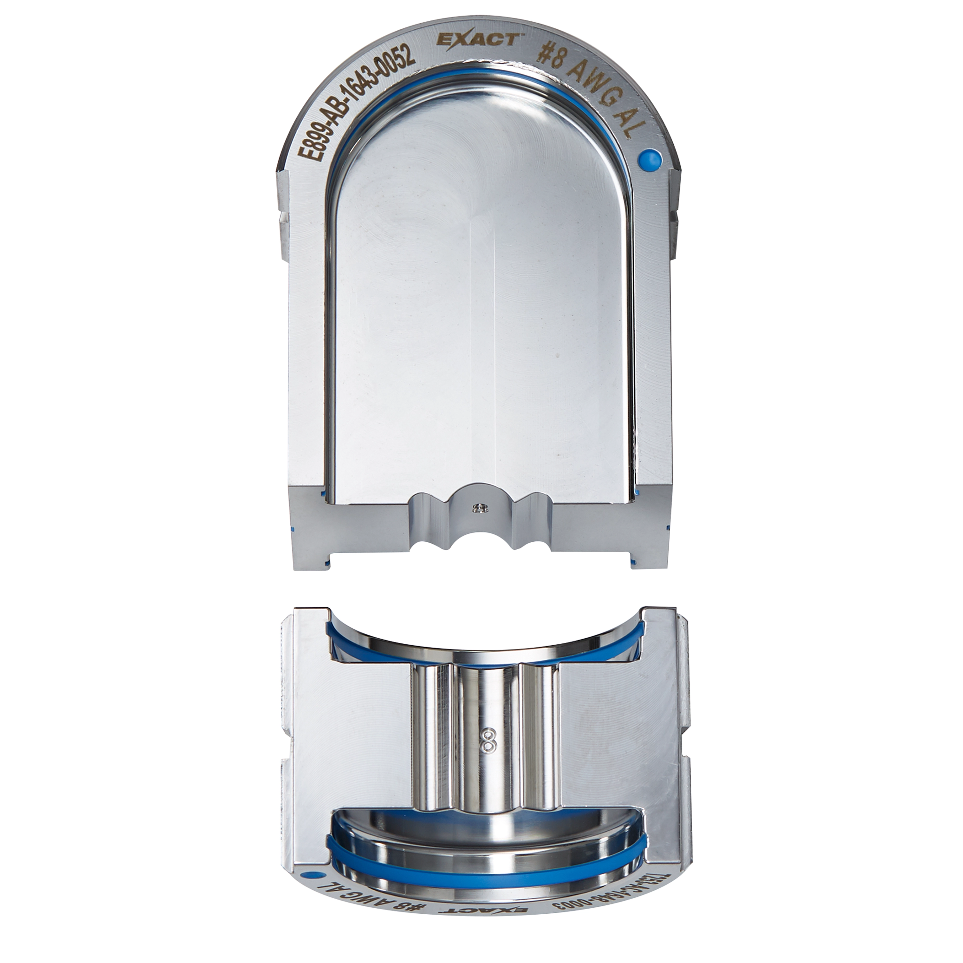 FORCELOGIC™ M18™ 750 MCM Crimper Kit features two metal dies used for crimping electrical connections. The top die is semi-circular with specifications etched on it, while the bottom die has a round, indented crimping surface. Both pieces have a sleek metallic finish.