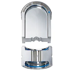 FORCELOGIC™ M18™ 750 MCM Crimper Kit features two metal dies used for crimping electrical connections. The top die is semi-circular with specifications etched on it, while the bottom die has a round, indented crimping surface. Both pieces have a sleek metallic finish.