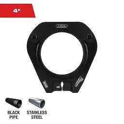 The image shows a black, 4-inch Milwaukee tool designed for pipe connections. Below the tool, there are images of a black pipe and a stainless steel pipe, labeled respectively. The tool is marked "X6" and "M18."
