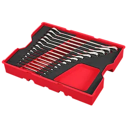 Image of a 15PC SAE Ratcheting Combination Wrench Set with Tray for PACKOUT™ Drawers. The set features 15 wrenches neatly arranged in a black tray with a red border, designed to fit PACKOUT™ storage drawers.