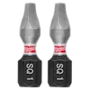 Two SHOCKWAVE™ 1" Impact Duty Square Recess #1 Insert Bits (2 PK) are shown. They are metallic with a black base marked "SQ1" and a red band labeled "Milwaukee".