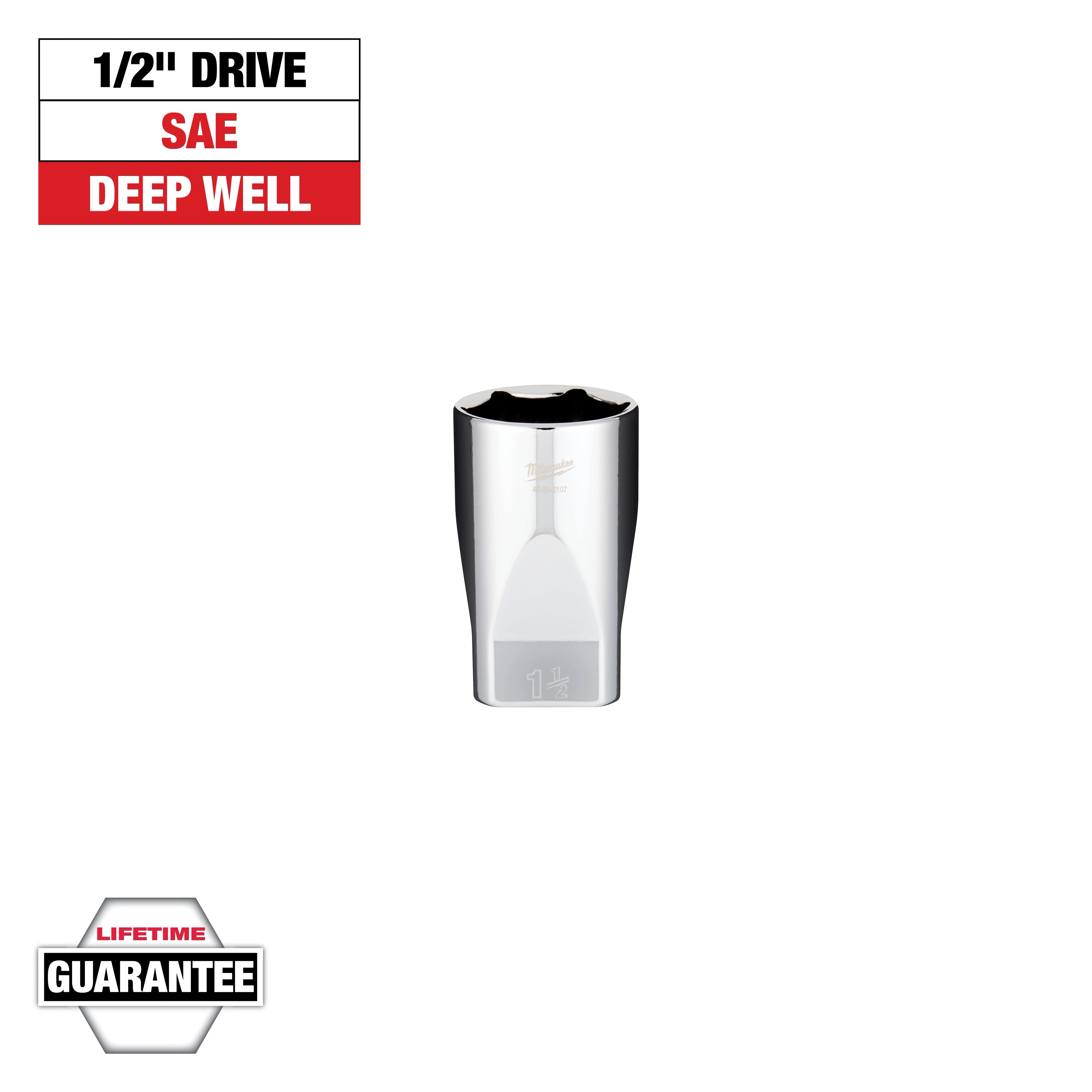 The image shows a chrome 1/2" drive SAE deep well socket with a lifetime guarantee. The socket is labeled with the size marking of 1-1/8". The top left corner has text indicating the drive type, dimension, and the product feature. The bottom left corner features a "Lifetime Guarantee" badge.