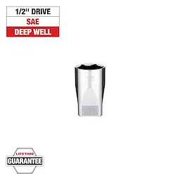 The image shows a chrome 1/2" drive SAE deep well socket with a lifetime guarantee. The socket is labeled with the size marking of 1-1/8". The top left corner has text indicating the drive type, dimension, and the product feature. The bottom left corner features a "Lifetime Guarantee" badge.
