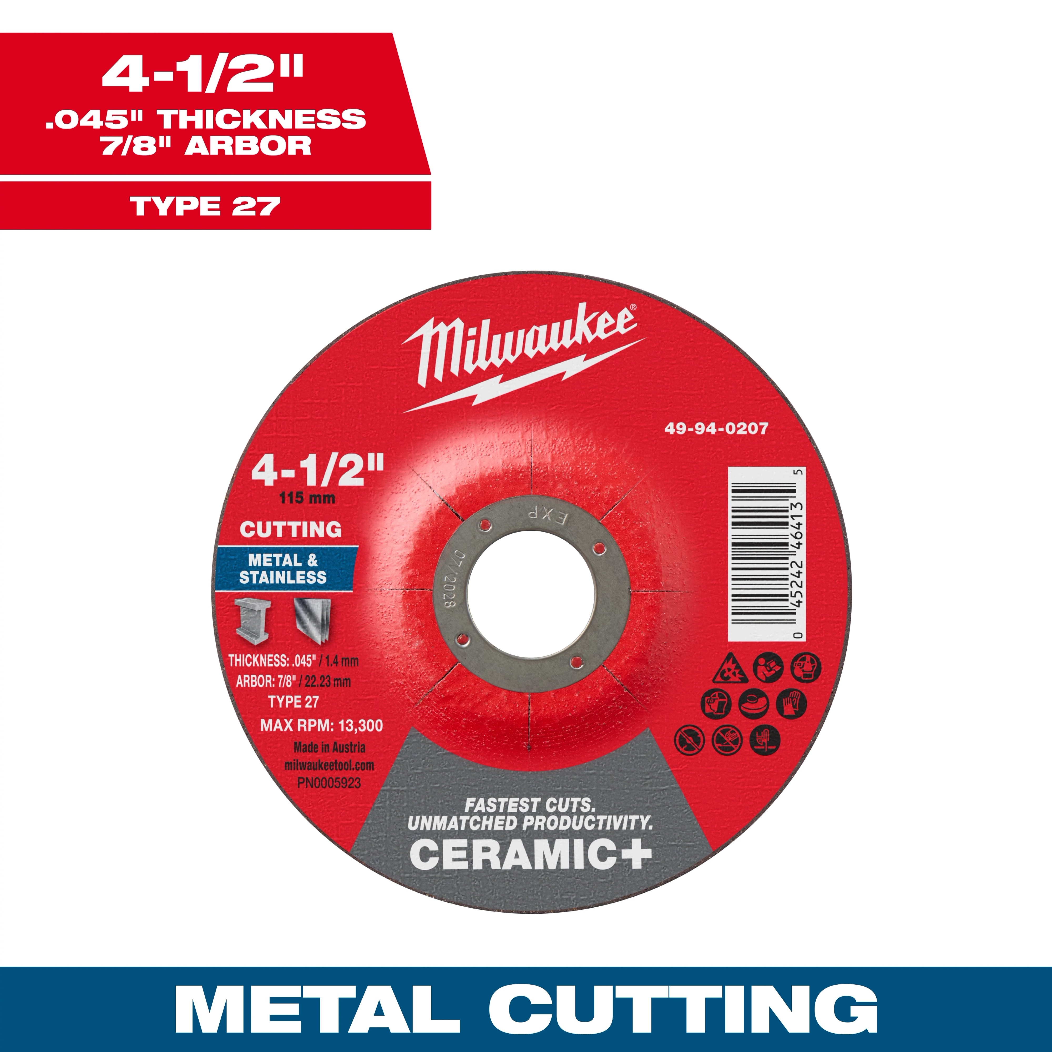 4-1/2" x .045" x 7/8" Ceramic+ Metal Cut Off Wheel-Type 27, red with white text, for cutting metal and stainless steel.