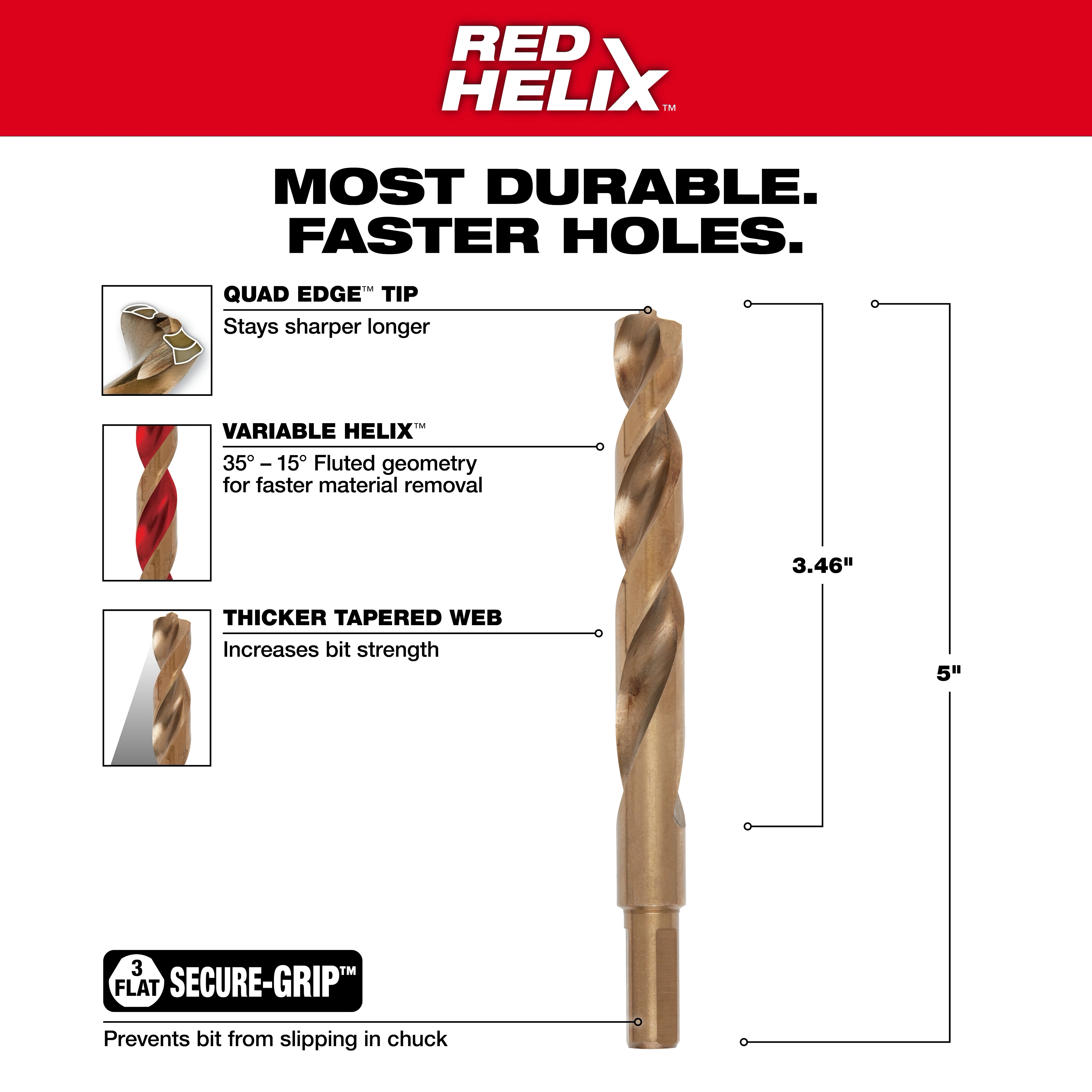 Milwaukee 48-89-2327 Walkaround drill bit features Red Helix, Quad Edge Tip, Variable Helix, Thicker Tapered Web, and Secure Grip.
