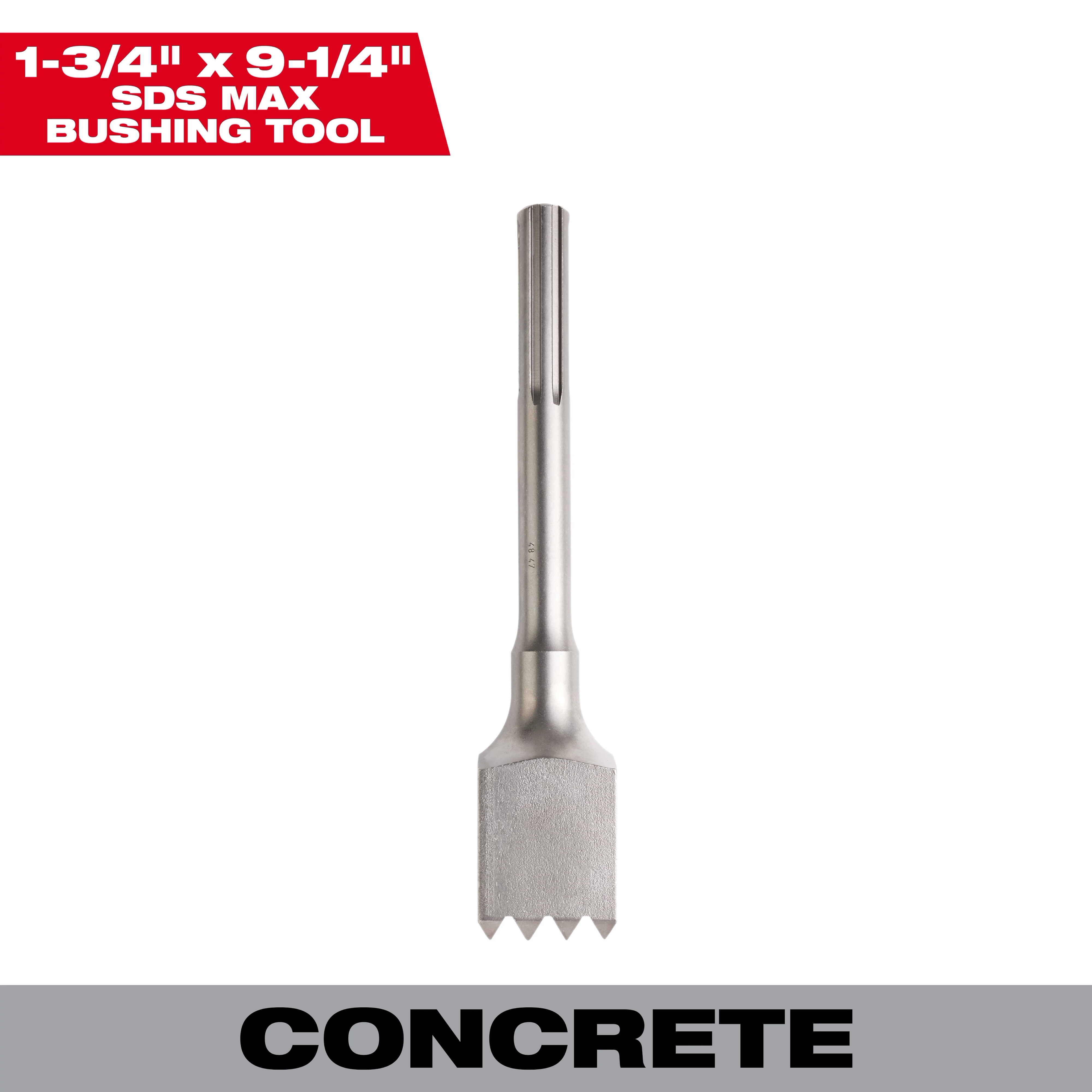1-3/4" x 9-1/4" SDS MAX Bushing Tool with a steel shaft and a flat, toothed bushing head, shown on a white background.