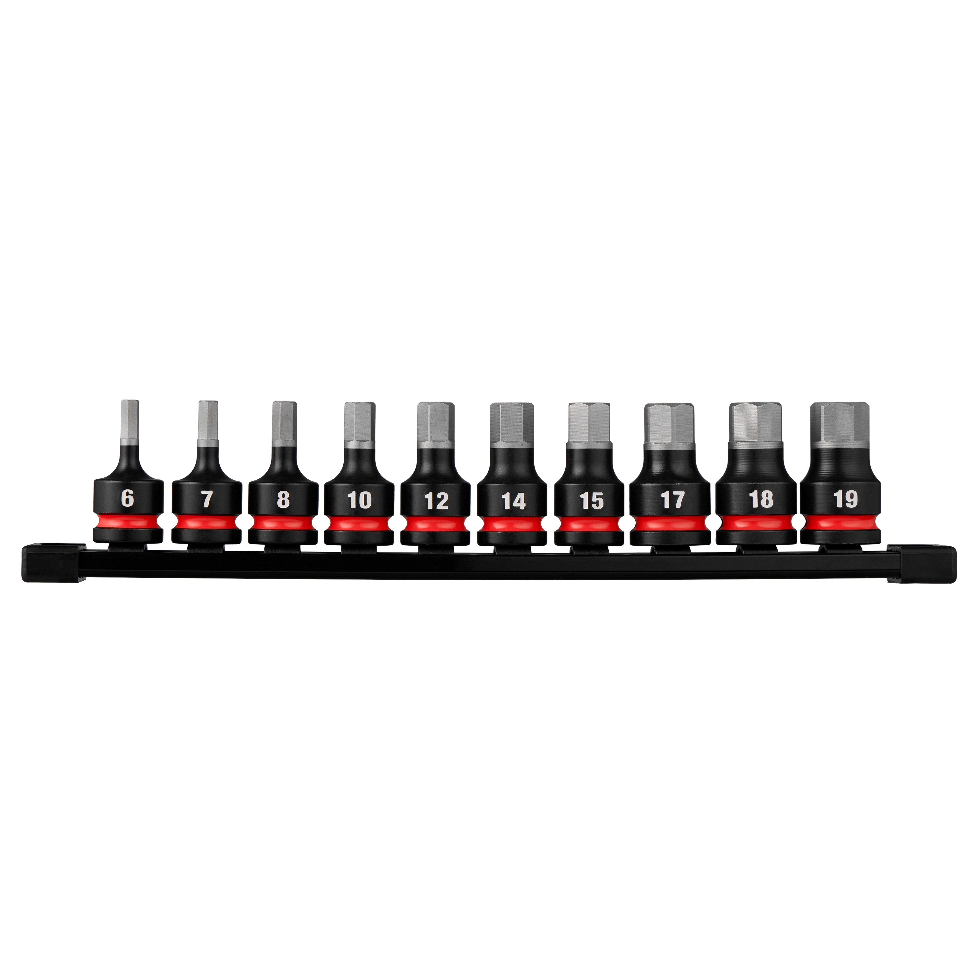 10PC SHOCKWAVE Impact Duty 1/2" Drive 2" Hex Metric Bit Socket Set arranged on a black rail with size labels.
