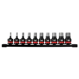 10PC SHOCKWAVE Impact Duty 1/2" Drive 2" Hex Metric Bit Socket Set arranged on a black rail with size labels.